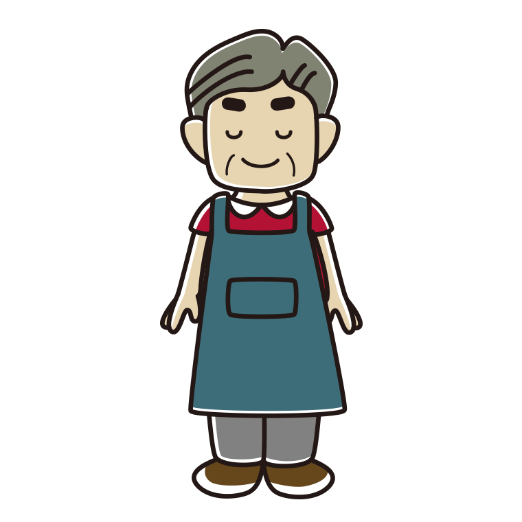 目を閉じるエプロン姿のおじさんのイラスト【色あり、背景なし】透過PNG