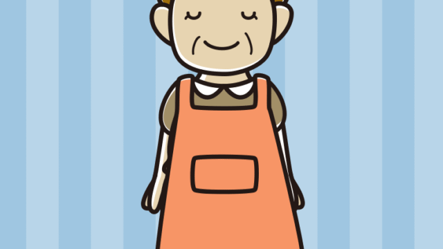 目を閉じるエプロン姿のおばさんのイラスト【色、背景あり】PNG