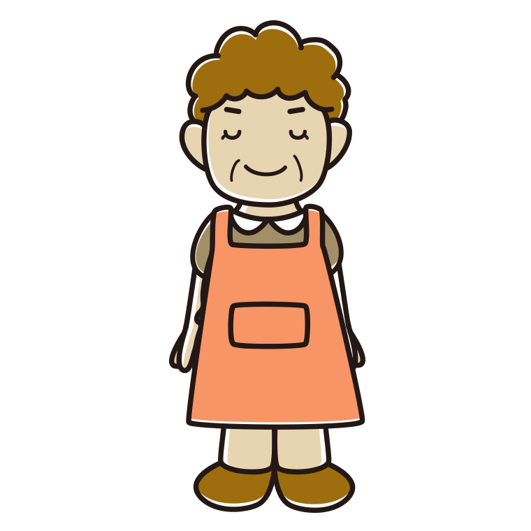 目を閉じるエプロン姿のおばさんのイラスト【色あり、背景なし】透過PNG