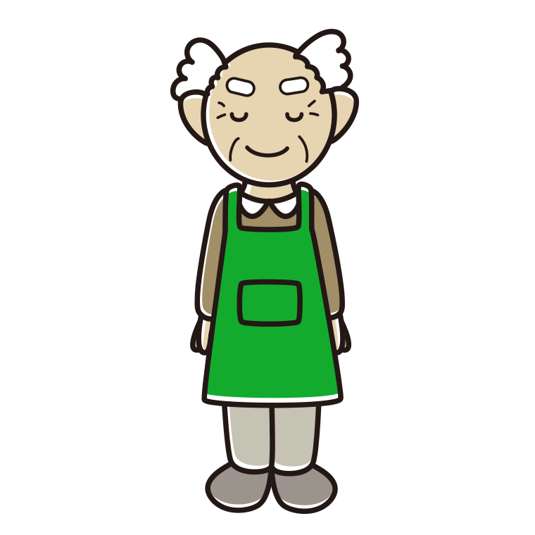 目を閉じるエプロン姿のおじいさんのイラスト【色あり、背景なし】透過PNG