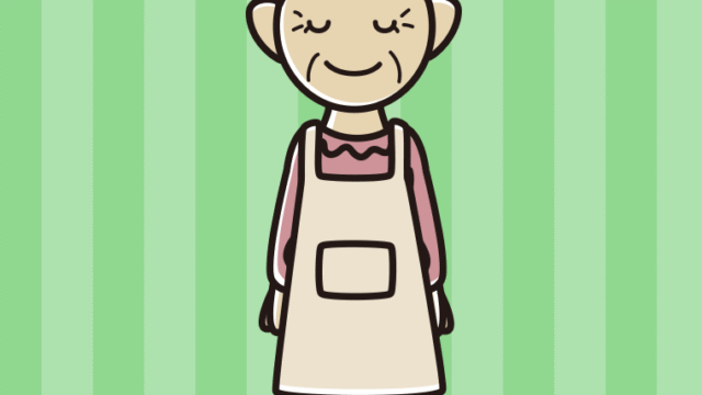 目を閉じるエプロン姿のおばあさんのイラスト【色、背景あり】PNG