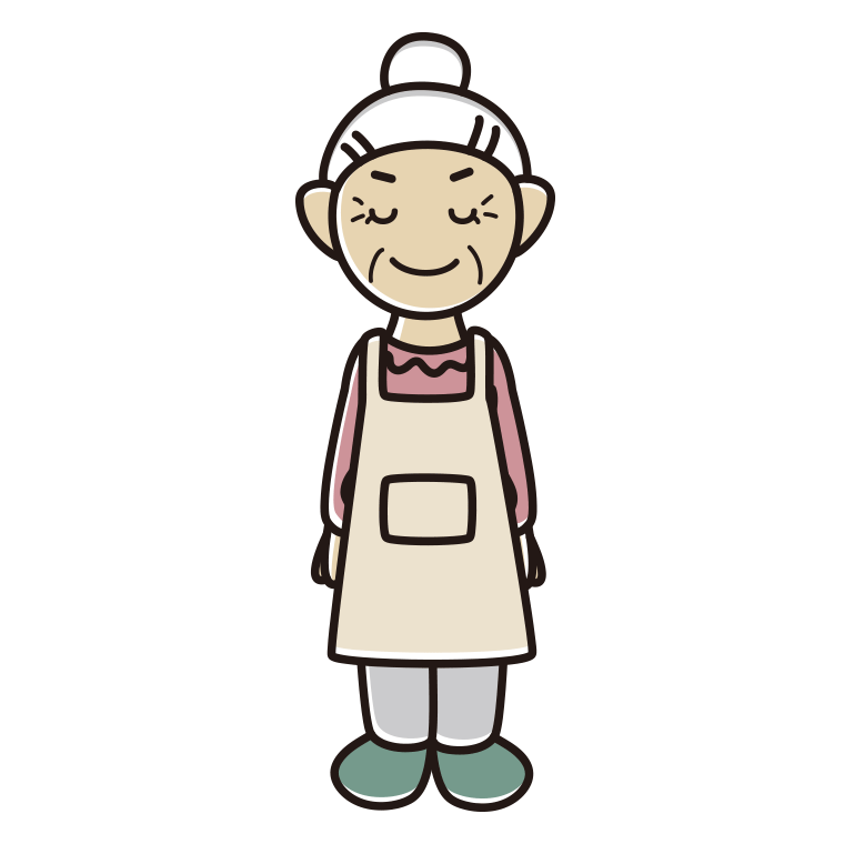 目を閉じるエプロン姿のおばあさんのイラスト【色あり、背景なし】透過PNG