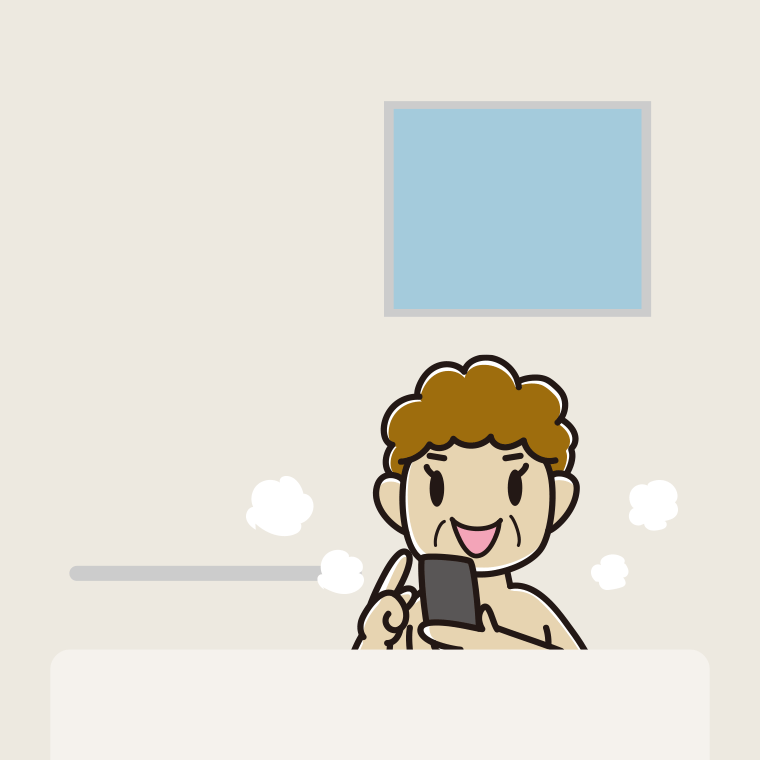 お風呂でスマホを使うおばさんのイラスト【色、背景あり】PNG