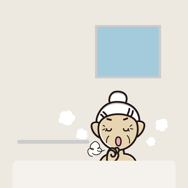お風呂で咳払いするおばあさんのイラスト【色、背景あり】PNG