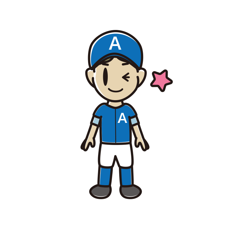 ウインクする野球のユニフォーム姿の小学生男子のイラスト【色あり、背景なし】透過PNG