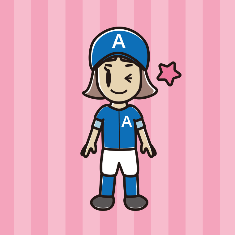 ウインクする野球のユニフォーム姿の小学生女子のイラスト【色、背景あり】PNG