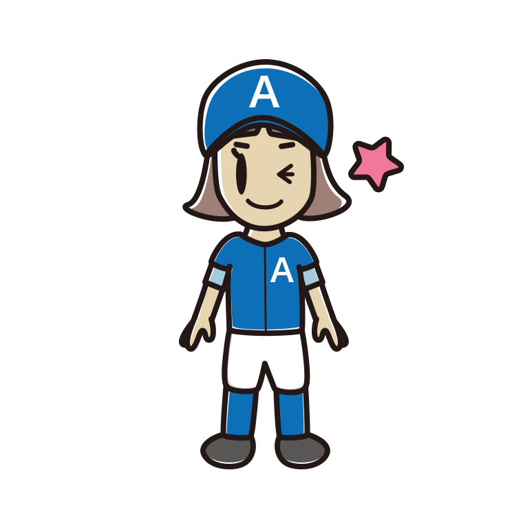 ウインクする野球のユニフォーム姿の小学生女子のイラスト【色あり、背景なし】透過PNG