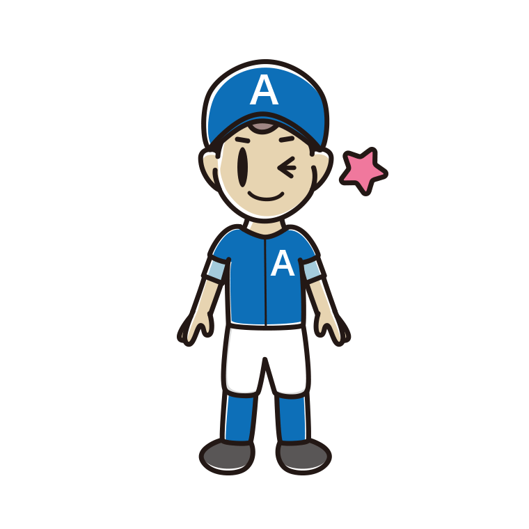 ウインクする野球のユニフォーム姿の男子中学生のイラスト【色あり、背景なし】透過PNG