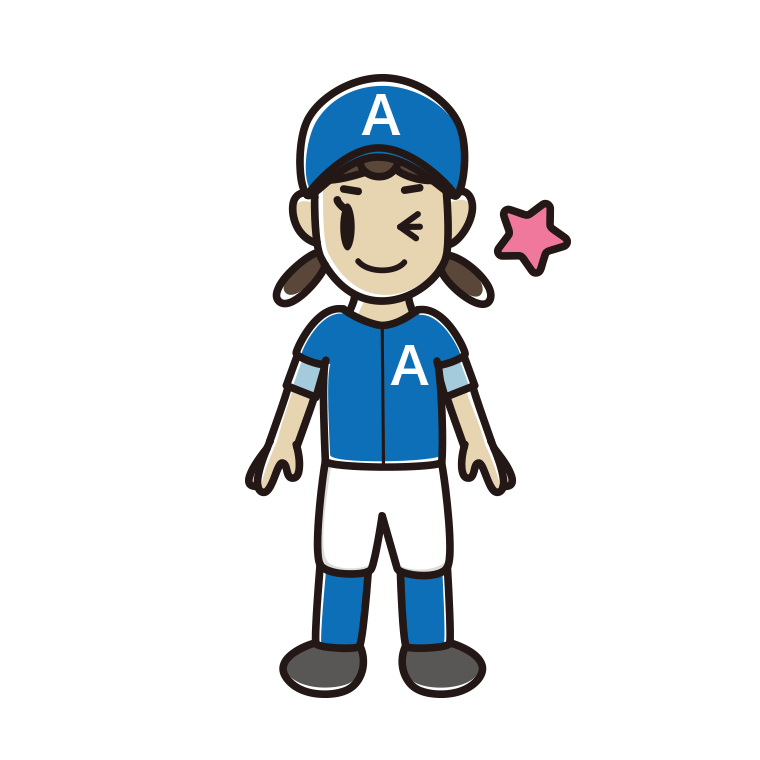 ウインクする野球のユニフォーム姿の女子中学生のイラスト【色あり、背景なし】透過PNG