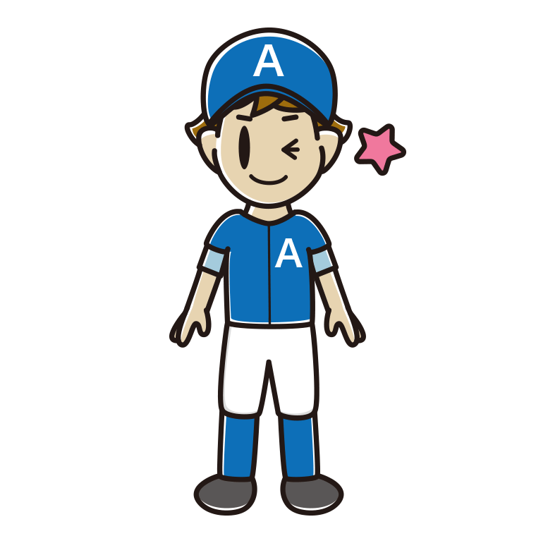ウインクする野球のユニフォーム姿の男子高校生のイラスト【色あり、背景なし】透過PNG