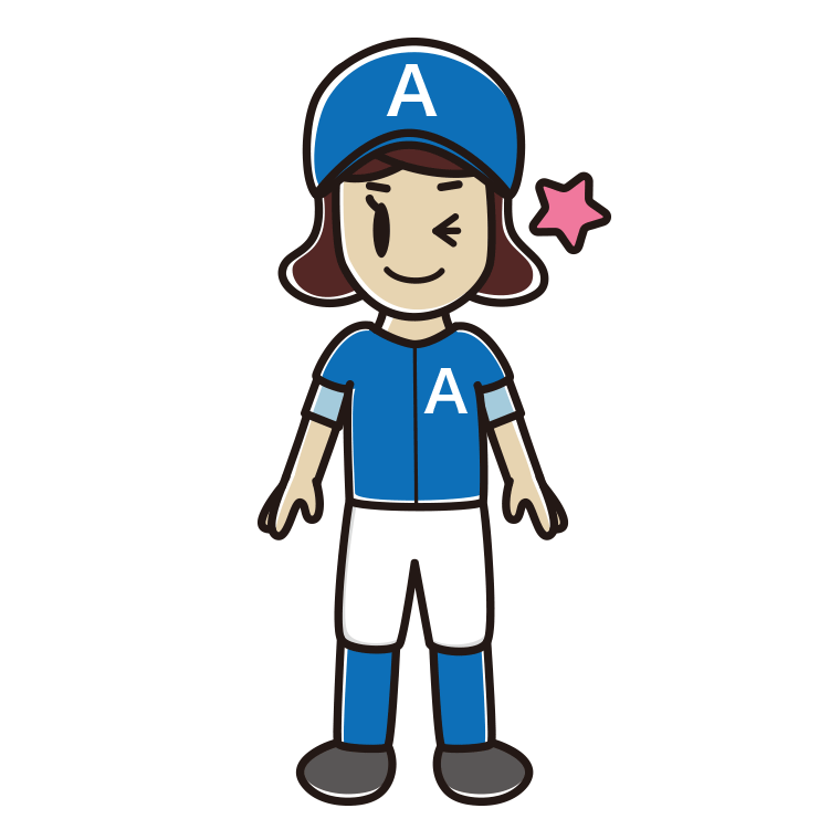 ウインクする野球のユニフォーム姿の女子高校生のイラスト【色あり、背景なし】透過PNG
