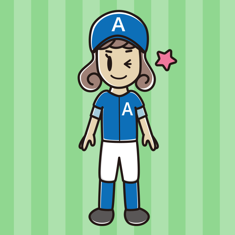 ウインクする野球のユニフォーム姿の女子大学生のイラスト【色、背景あり】PNG