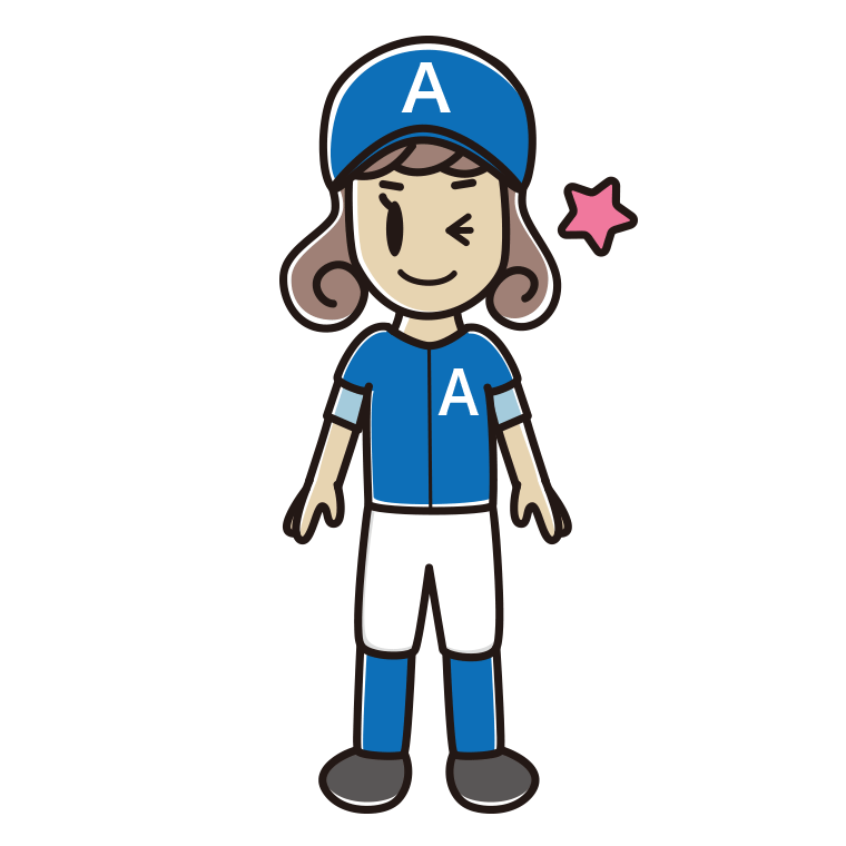 ウインクする野球のユニフォーム姿の女子大学生のイラスト【色あり、背景なし】透過PNG