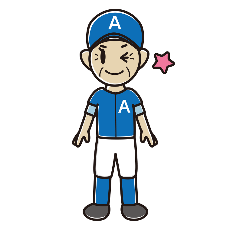 ウインクする野球のユニフォーム姿のおばあさんのイラスト【色あり、背景なし】透過PNG