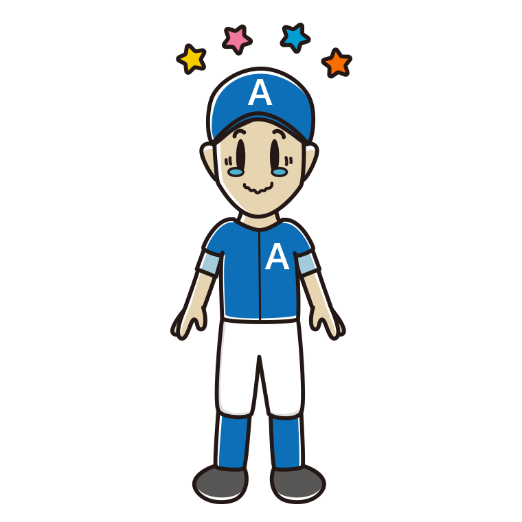 ジーンとする野球のユニフォーム姿の男性のイラスト【色あり、背景なし】透過PNG