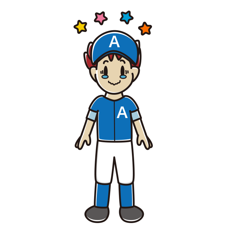 ジーンとする野球のユニフォーム姿の男子大学生のイラスト【色あり、背景なし】透過PNG