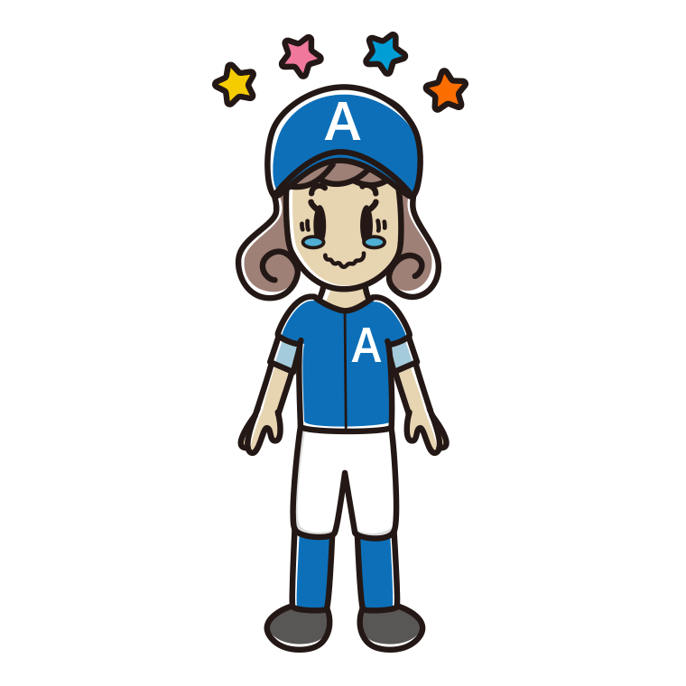 ジーンとする野球のユニフォーム姿の女子大学生のイラスト【色あり、背景なし】透過PNG