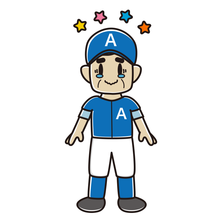 ジーンとする野球のユニフォーム姿のおじさんのイラスト【色あり、背景なし】透過PNG
