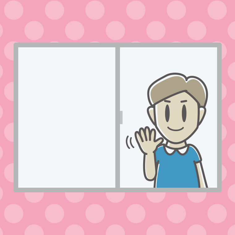 窓から手を振る男性のイラスト【色、背景あり】PNG