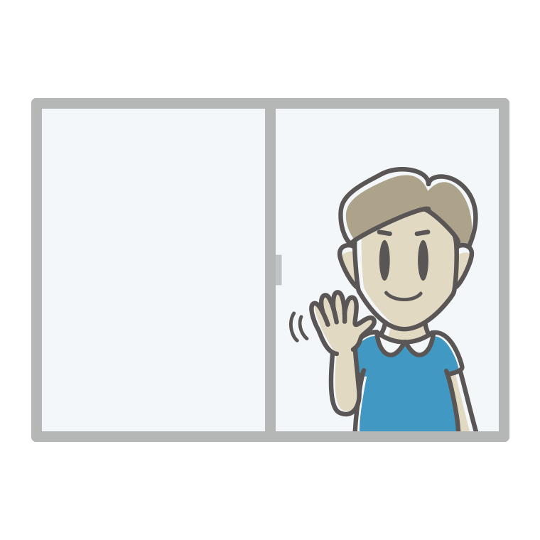 窓から手を振る男性のイラスト【色あり、背景なし】透過PNG