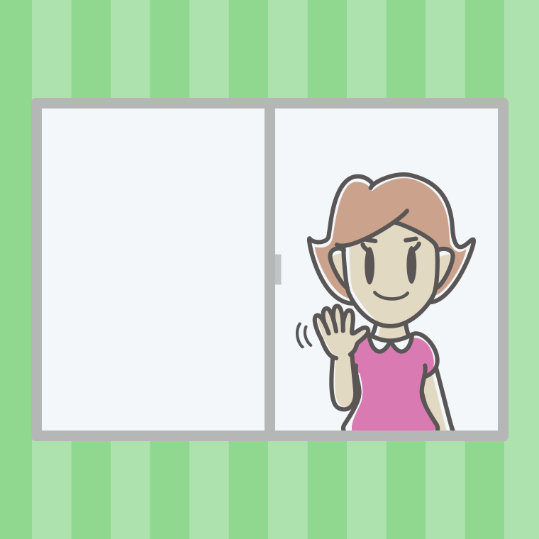 窓から手を振る女性のイラスト【色、背景あり】PNG