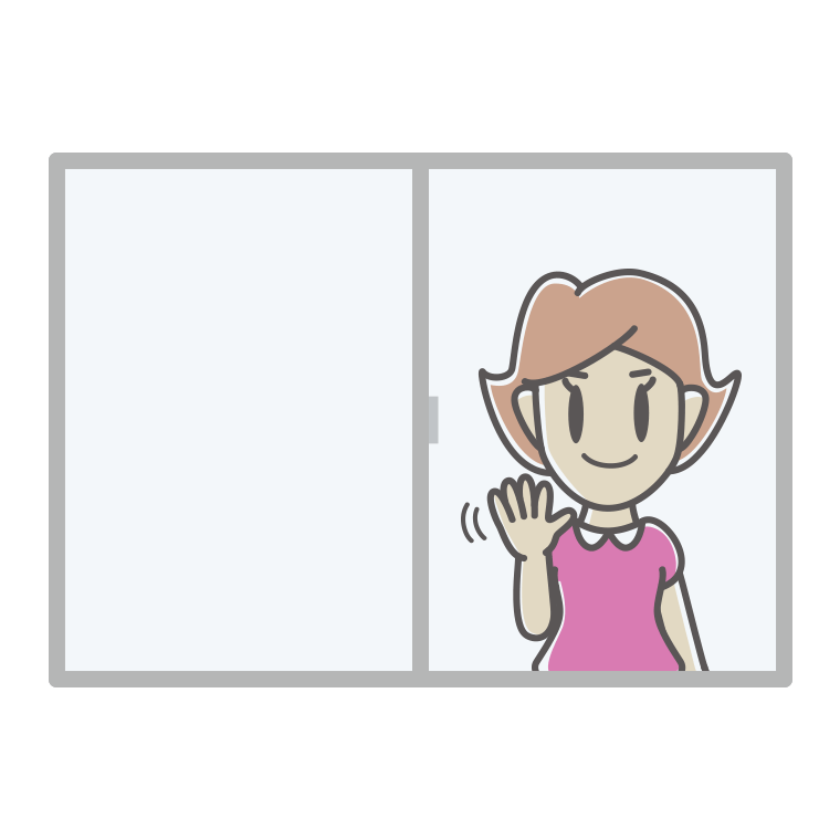 窓から手を振る女性のイラスト【色あり、背景なし】透過PNG