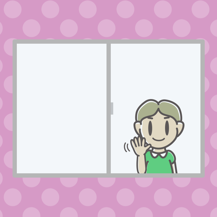 窓から手を振る小学生男子のイラスト【色、背景あり】PNG