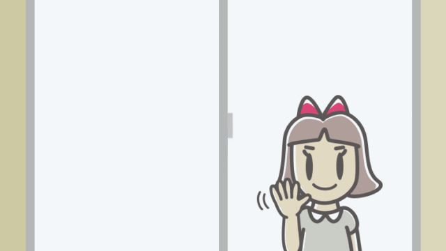 窓から手を振る小学生女子のイラスト【色、背景あり】PNG
