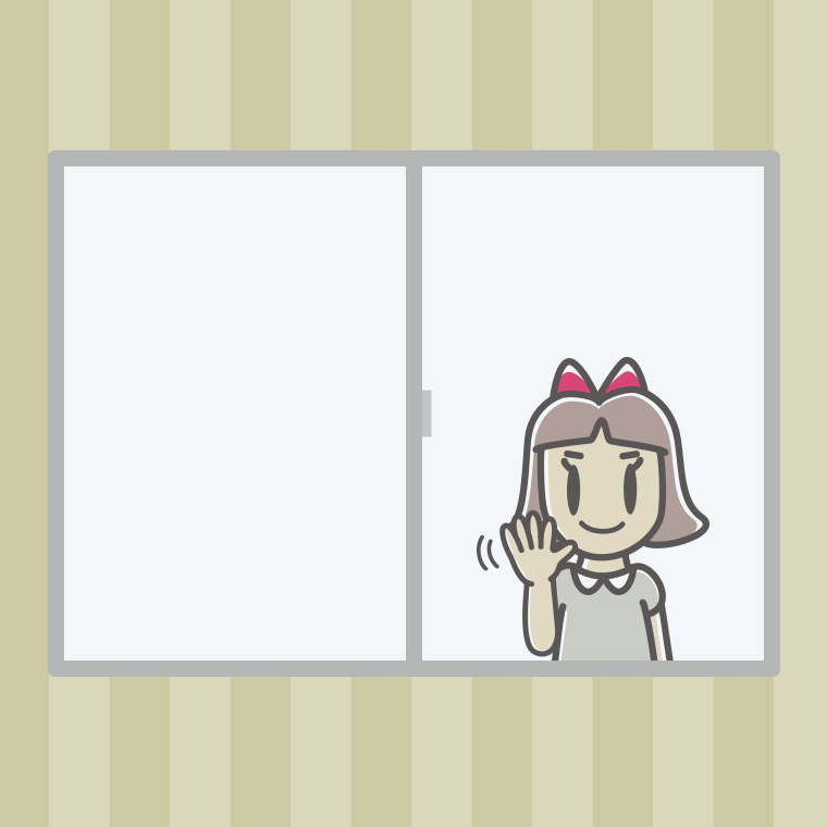 窓から手を振る小学生女子のイラスト【色、背景あり】PNG