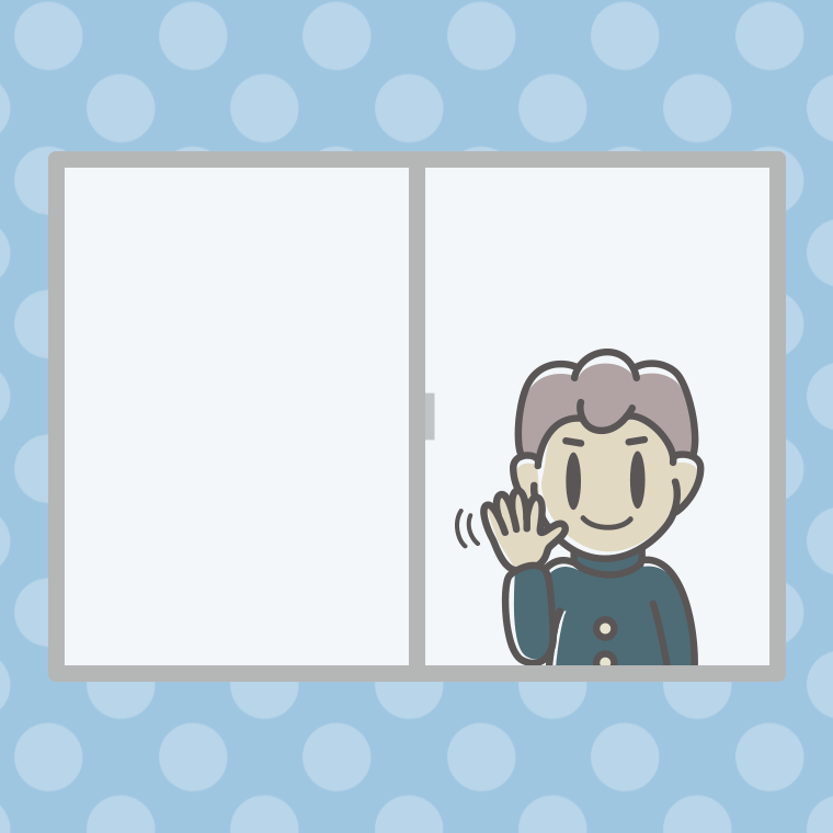 窓から手を振る男子中学生のイラスト【色、背景あり】PNG