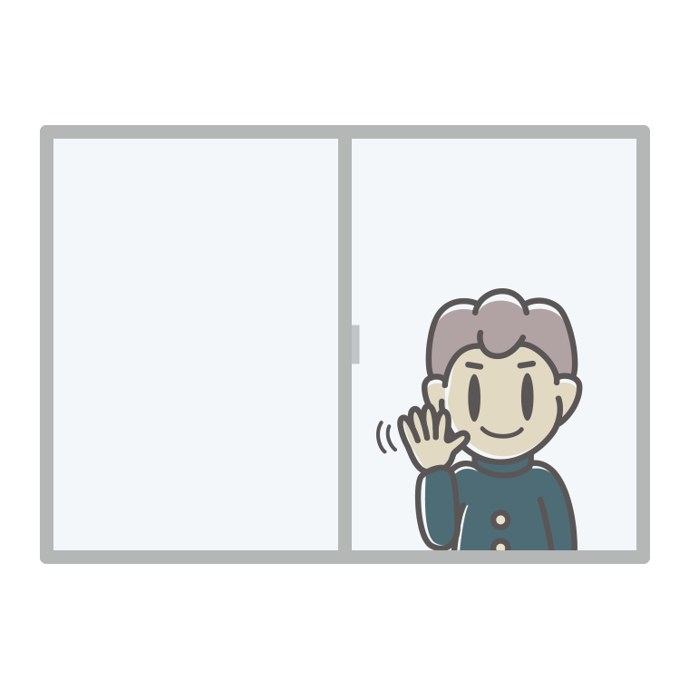 窓から手を振る男子中学生のイラスト【色あり、背景なし】透過PNG