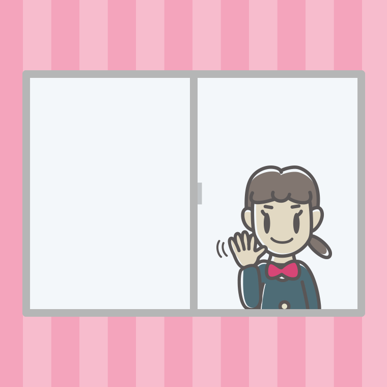 窓から手を振る女子中学生のイラスト【色、背景あり】PNG