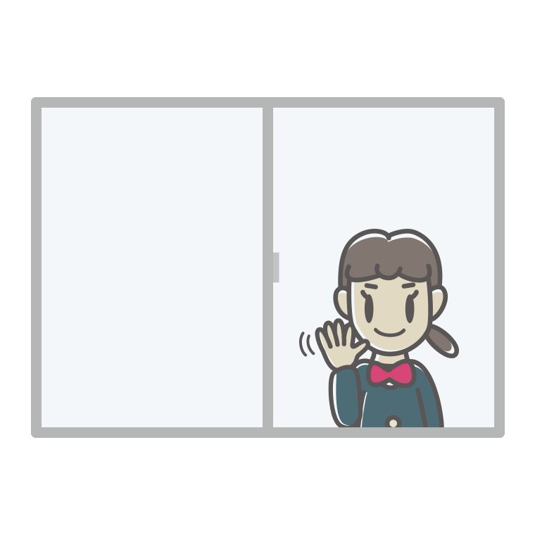窓から手を振る女子中学生のイラスト【色あり、背景なし】透過PNG