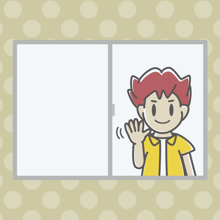 窓から手を振る男子大学生のイラスト【色、背景あり】PNG