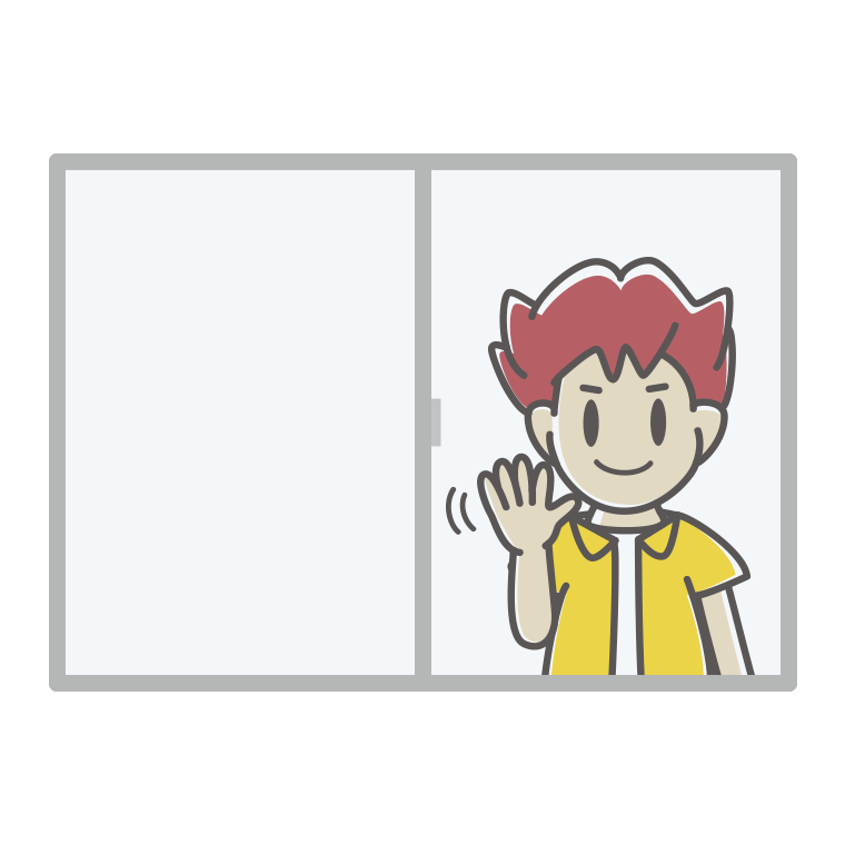 窓から手を振る男子大学生のイラスト【色あり、背景なし】透過PNG