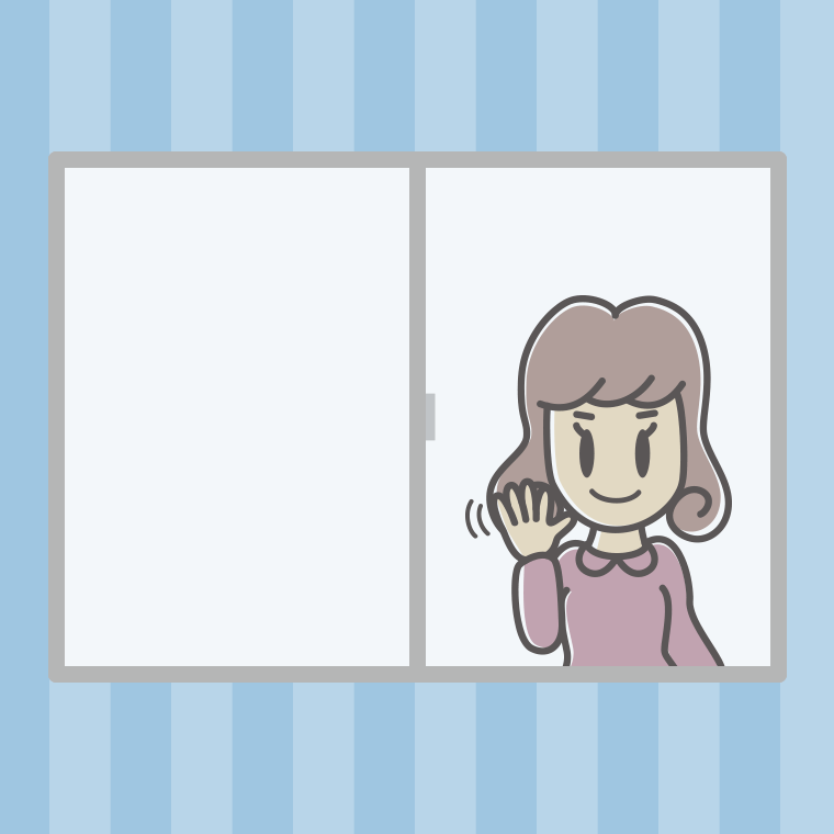 窓から手を振る女子大学生のイラスト【色、背景あり】PNG