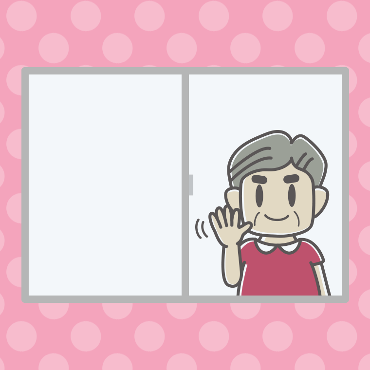 窓から手を振るおじさんのイラスト【色、背景あり】PNG
