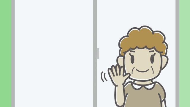 窓から手を振るおばさんのイラスト【色、背景あり】PNG