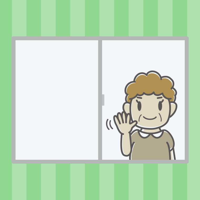 窓から手を振るおばさんのイラスト【色、背景あり】PNG