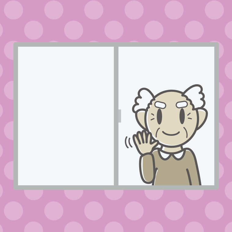窓から手を振るおじいさんのイラスト【色、背景あり】PNG