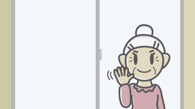 窓から手を振るおばあさんのイラスト【色、背景あり】PNG