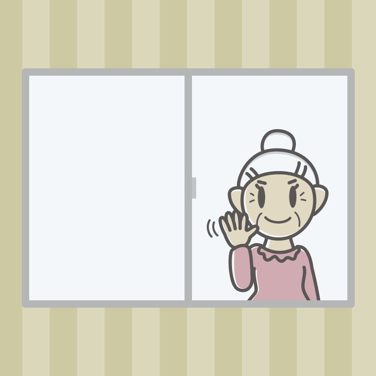 窓から手を振るおばあさんのイラスト【色、背景あり】PNG