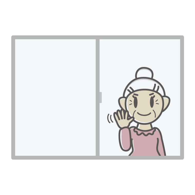 窓から手を振るおばあさんのイラスト【色あり、背景なし】透過PNG