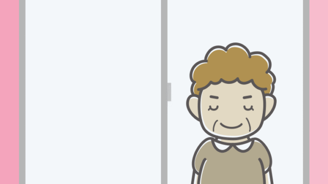 窓からお辞儀するおばさんのイラスト【色、背景あり】PNG