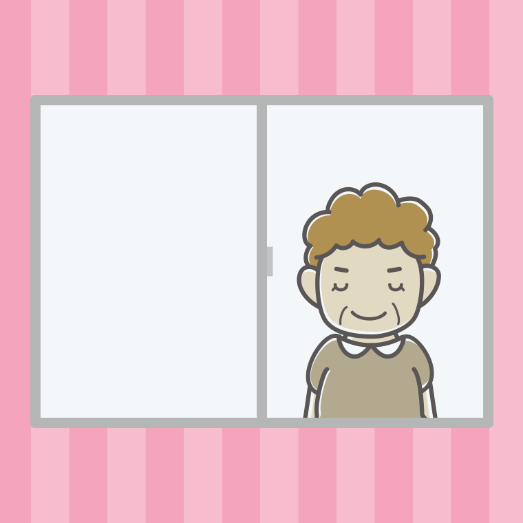 窓からお辞儀するおばさんのイラスト【色、背景あり】PNG