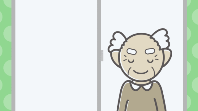 窓からお辞儀するおじいさんのイラスト【色、背景あり】PNG