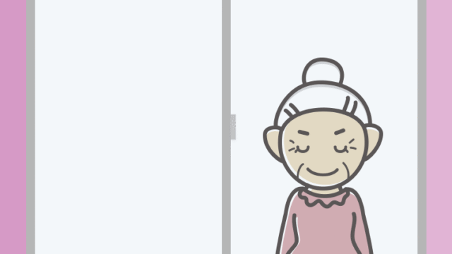 窓からお辞儀するおばあさんのイラスト【色、背景あり】PNG