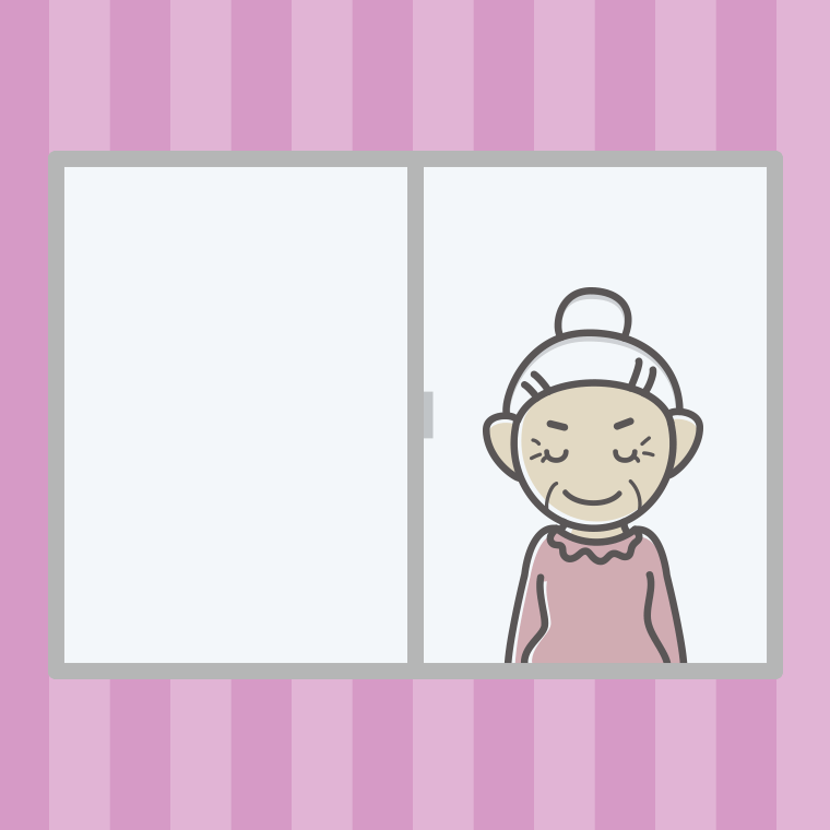 窓からお辞儀するおばあさんのイラスト【色、背景あり】PNG