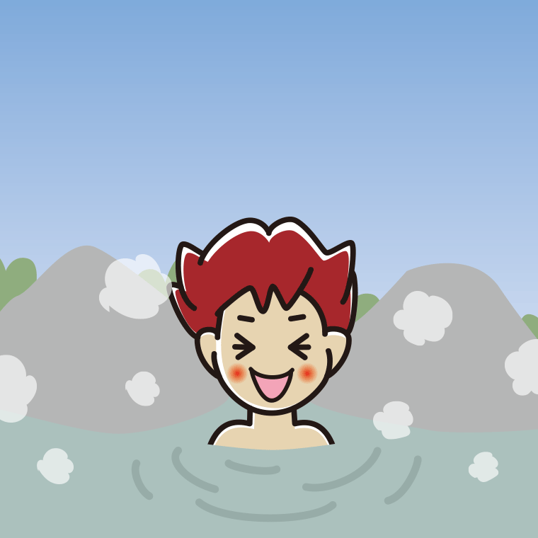 温泉で笑う男子大学生のイラスト【色、背景あり】PNG