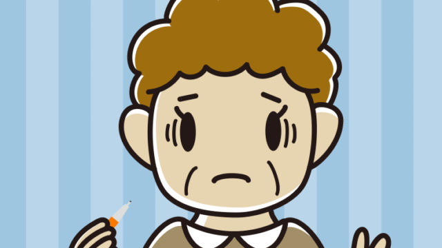 シャープペンを持って困るおばさんのイラスト【色、背景あり】PNG